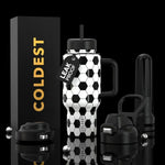 COLDEST 24oz Limitless bottle with a black and white soccer ball pattern, black lid, straw and side handle