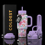 COLDEST 24oz Limitless bottle in white with pink floral print, lavender lid, straw, handle and leakproof tag