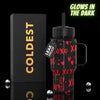 Coldest Mini 6.7oz Insulated Water Bottle in black with red XOXO heart print, straw lid, side handle, beside its retail box