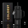 Coldest Mini 6.7oz Insulated Water Bottle in matte black with straw lid, side handle, and leak-proof tag beside its box