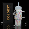 Coldest Mini 6.7oz Insulated Water Bottle in white with pastel candy heart print, straw lid, and side handle beside its box