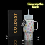 Coldest Mini 6.7oz Insulated Water Bottle in white with pastel candy-heart print, straw lid and side handle beside its box