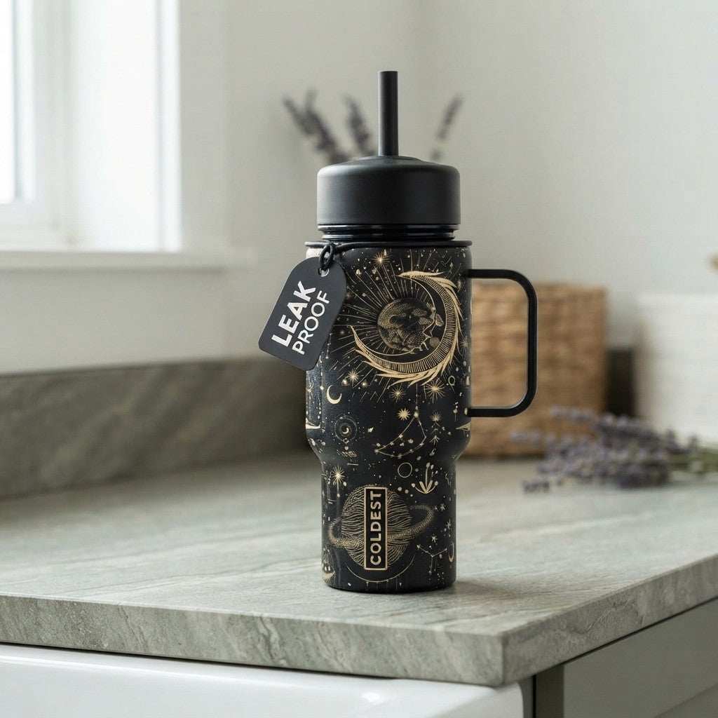 Coldest Mini 6.7oz Insulated Water Bottle in black with gold celestial moon and stars design, straw lid and side handle