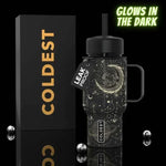 Coldest Mini 6.7oz Insulated Water Bottle in black celestial moon print with straw lid, handle, and retail box