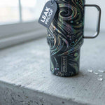 Coldest Mini 6.7oz Insulated Water Bottle in black with swirling galaxy print and metal carry handle