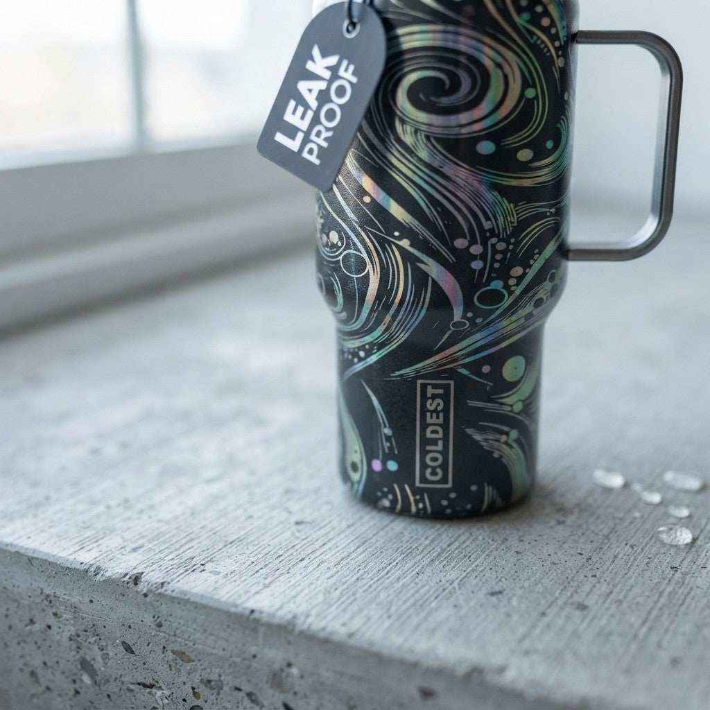 Coldest Mini 6.7oz Insulated Water Bottle in black with swirling galaxy print and metal carry handle
