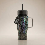 Coldest Mini 6.7oz Insulated Water Bottle with black swirl galaxy print, straw lid, handle, and leak-proof tag