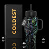 Coldest Mini 6.7oz Insulated Water Bottle with black swirl galaxy print, straw lid, handle, and retail box