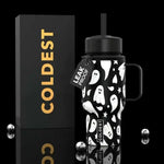 Coldest Mini 6.7oz Insulated Water Bottle in black with white ghost print, straw lid and side handle