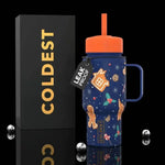Coldest Mini 6.7oz Insulated Water Bottle in navy blue with gingerbread print, orange straw lid, and side handle