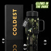 Coldest Mini 6.7oz Insulated Water Bottle in black with glow-in-the-dark firefly leaf design, straw lid and side handle