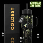 Coldest Mini 6.7oz Insulated Water Bottle in black with glow-in-the-dark firefly leaf design, straw lid and side handle