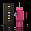 Coldest Mini 6.7oz Insulated Water Bottle in glossy pink with straw lid, side handle, and leak-proof tag beside box