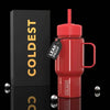 Coldest Mini 6.7oz Insulated Water Bottle in red with straw lid, side handle, and matching gift box