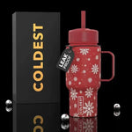 Coldest Mini 6.7oz Insulated Water Bottle in red with white snowflake print, straw lid, side handle, and leak-proof tag
