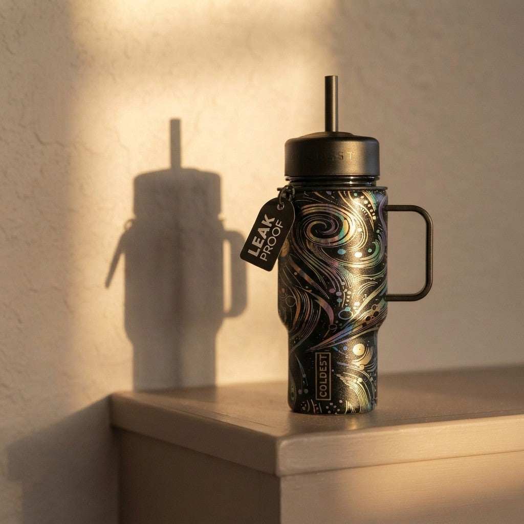 Coldest Mini 6.7oz Insulated Water Bottle in swirled metallic black finish with straw lid, handle, and leak-proof tag