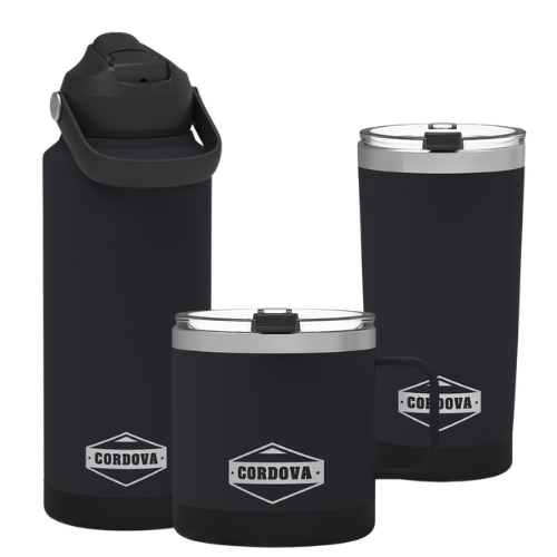 Drinkware Bundle with three black stainless steel pieces, including a handled camp mug, tall tumbler and bottle with flip-top lid
