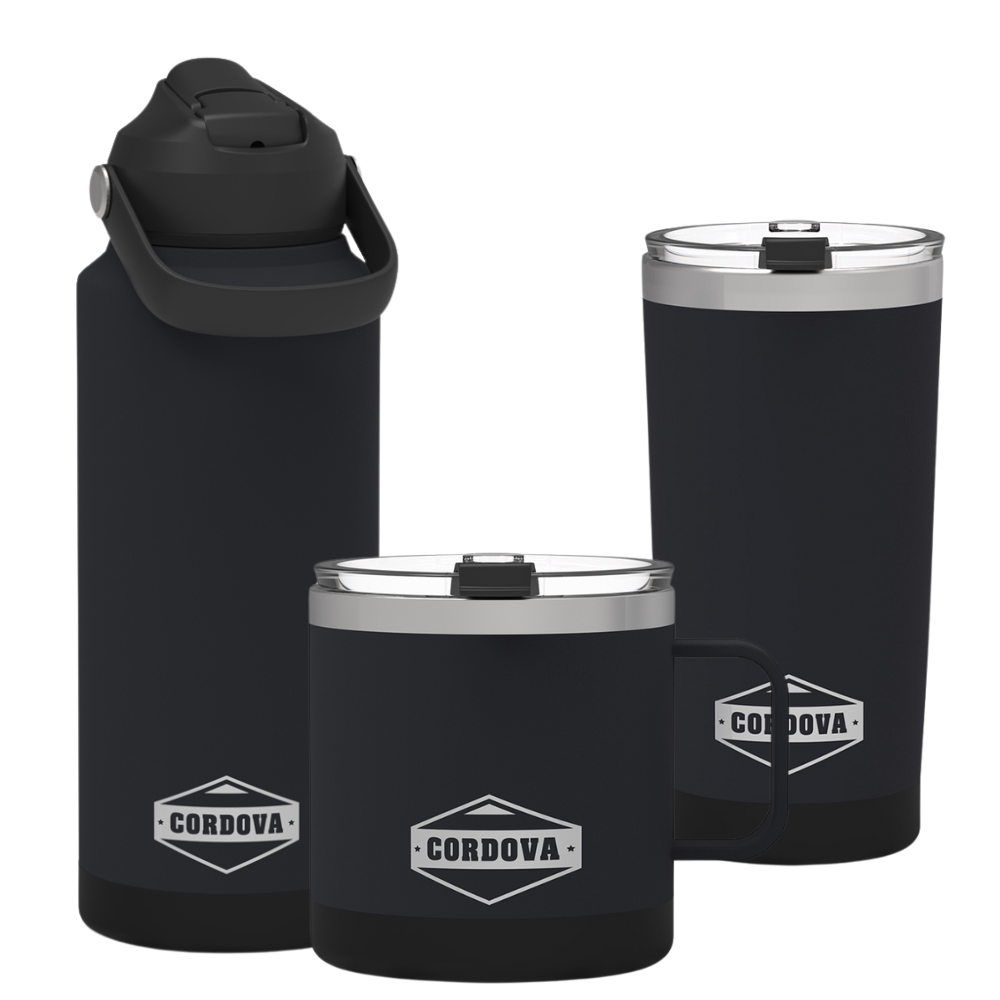Drinkware Bundle with three black stainless steel vessels: a handled bottle, camp mug and lid-equipped tumbler