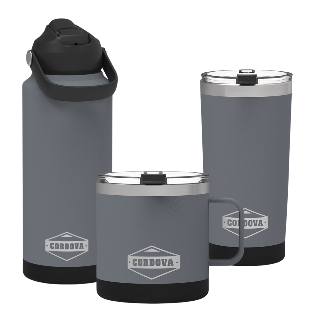 Drinkware Bundle with three gray stainless steel vessels, including a bottle with a black flip lid, mug, and handled tumbler