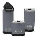 Drinkware Bundle with three grey Cordova vessels, including a bottle, handled mug and tumbler with stainless steel lids