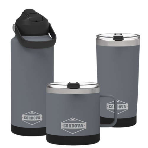 Drinkware Bundle with three grey Cordova vessels, including a bottle, handled mug and tumbler with stainless steel lids