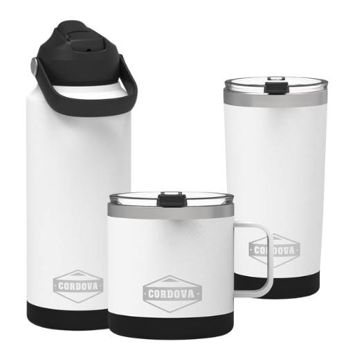 Drinkware Bundle with three white stainless steel vessels: a handled mug, lidded tumbler, and bottle with black lid