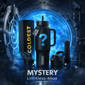 Mystery Limitless 46oz Tumbler in black with a blue question mark, handle, straw lid and leakproof tag