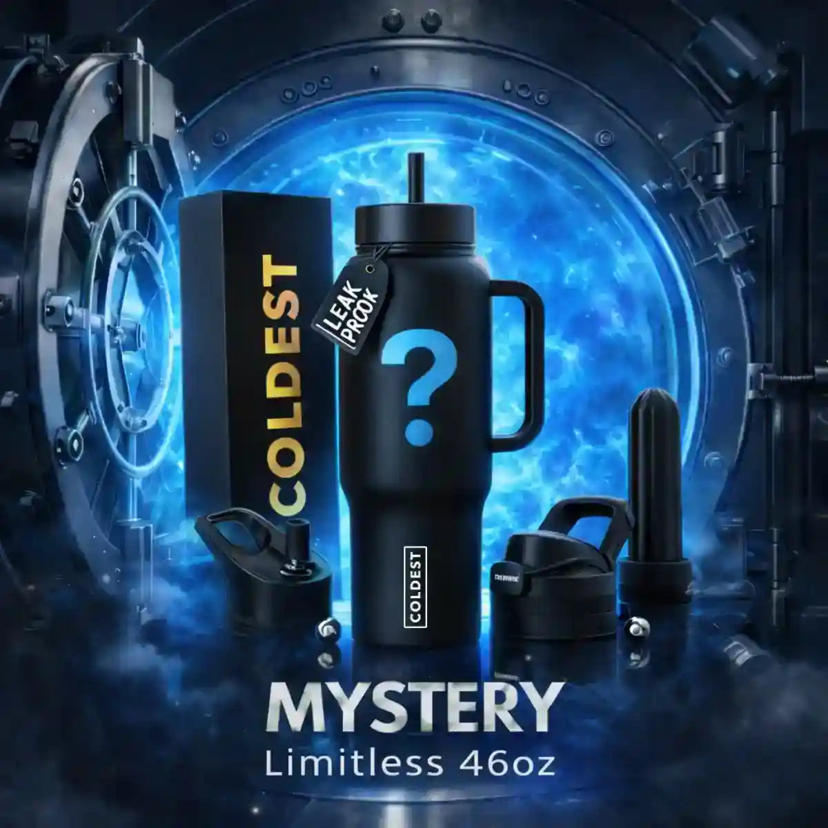 Mystery Limitless 46oz Tumbler in black with a blue question mark, handle, straw lid and leakproof tag