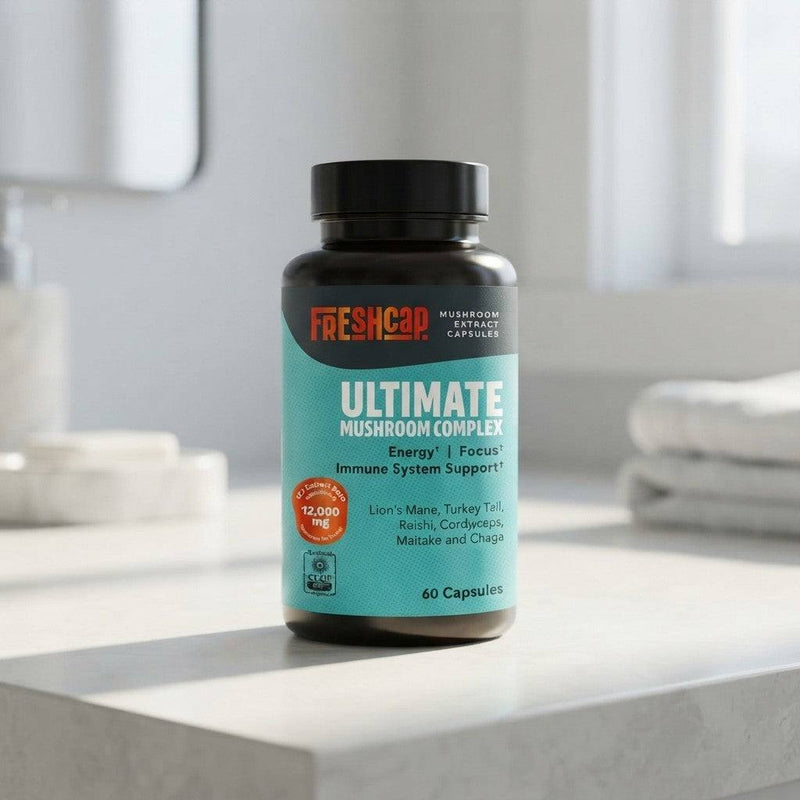 Organic mushroom supplement capsules bottle with natural 6-mushroom blend for immunity and vitality